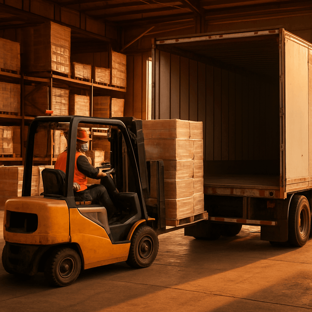 Pallets being loaded into an LTL freight trailer at a warehouse dock