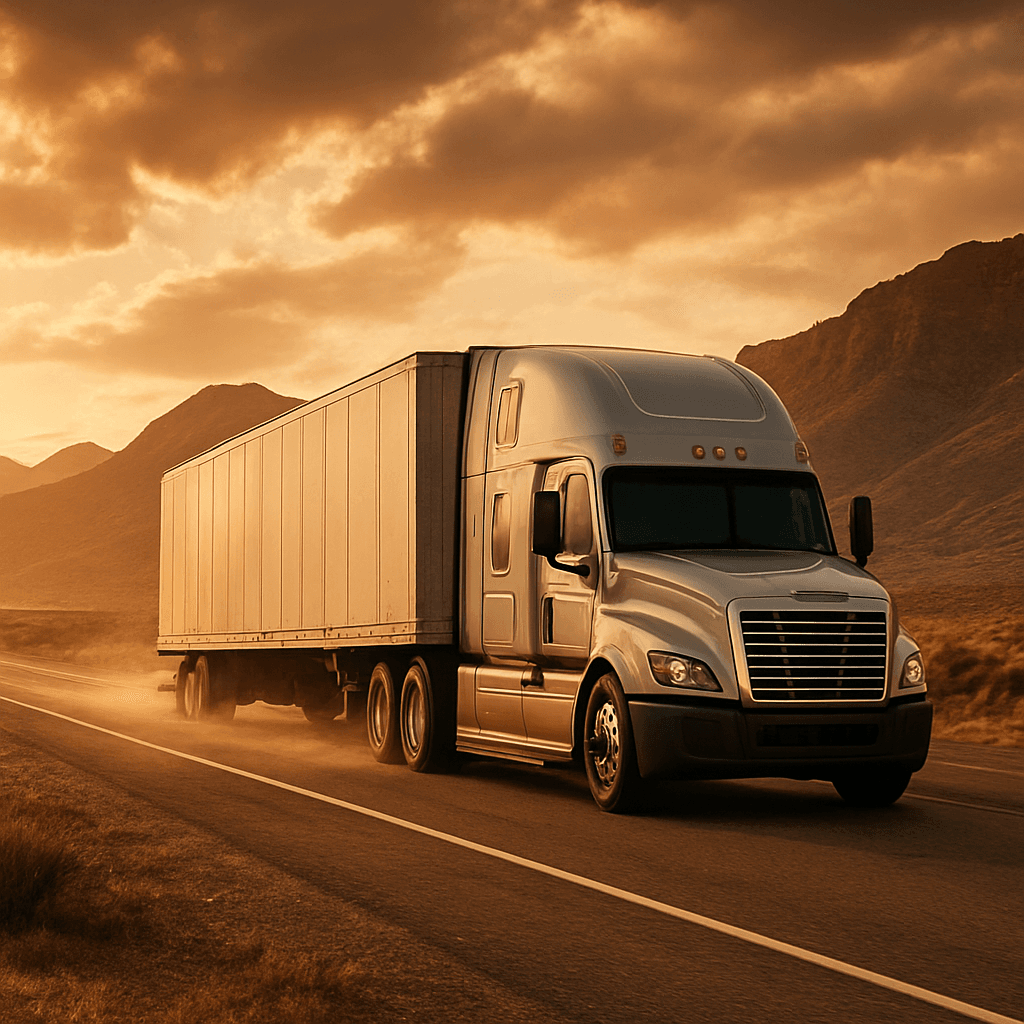 Semi-truck hauling freight on an open western highway at golden hour